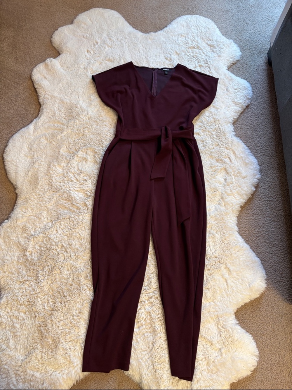 Express Wine V-Neck Belted Jumpsuit